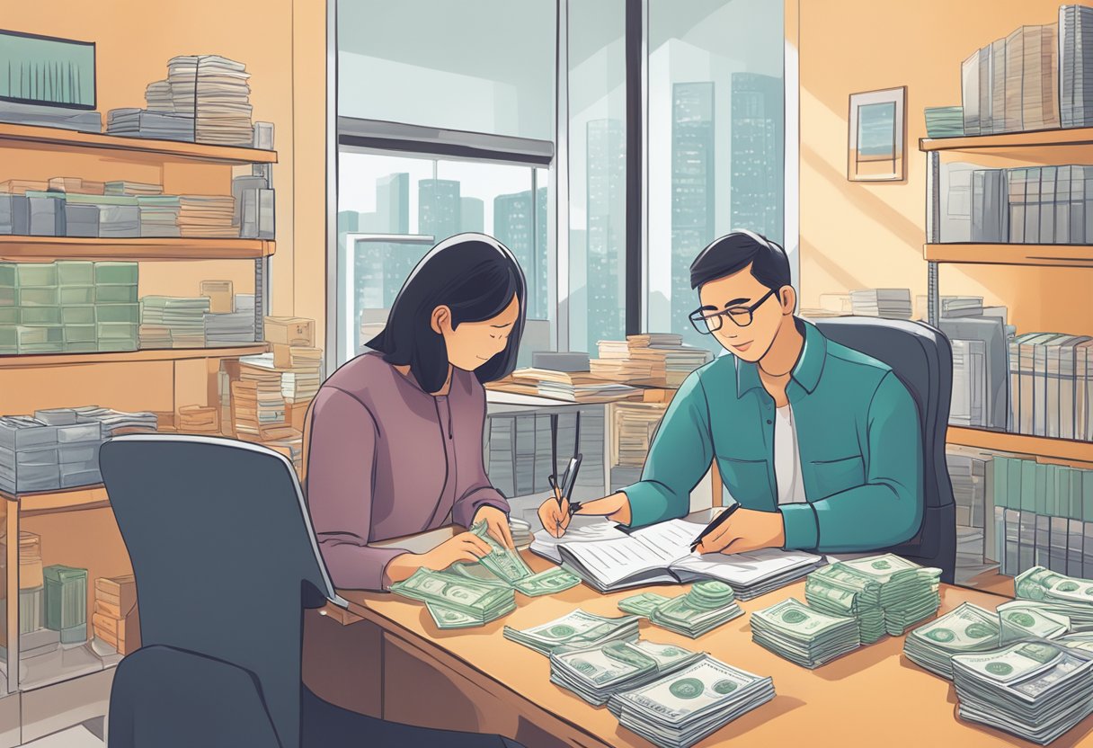 A person sitting at a desk, counting money and writing in a ledger while a HDB money lender looks on. The room is brightly lit with shelves of financial documents in the background