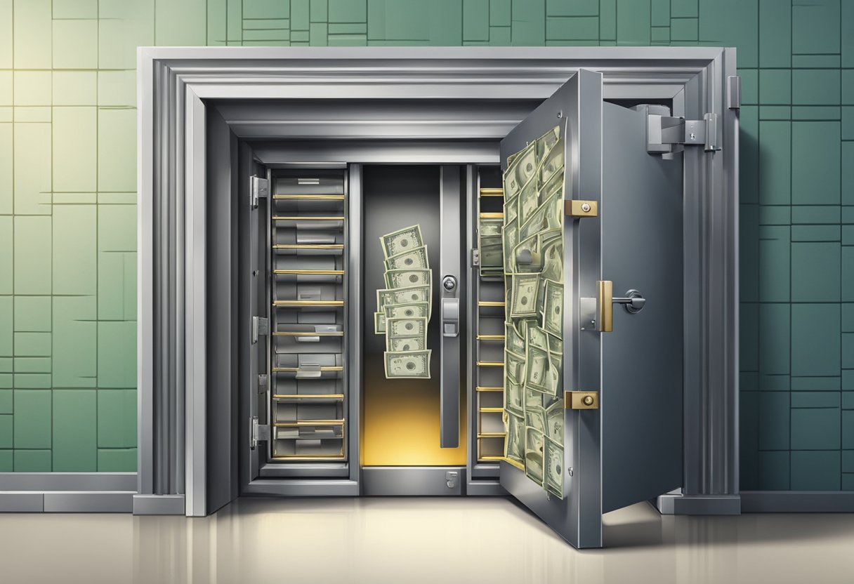 A bank vault door swings shut, trapping a stack of money and loan documents inside