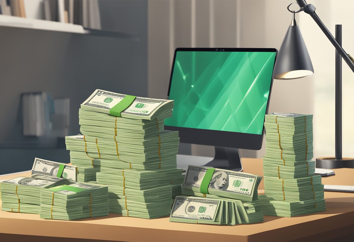 A stack of money sits on a desk with the Katong Credit logo in the background. The room is brightly lit, with a professional and organized atmosphere