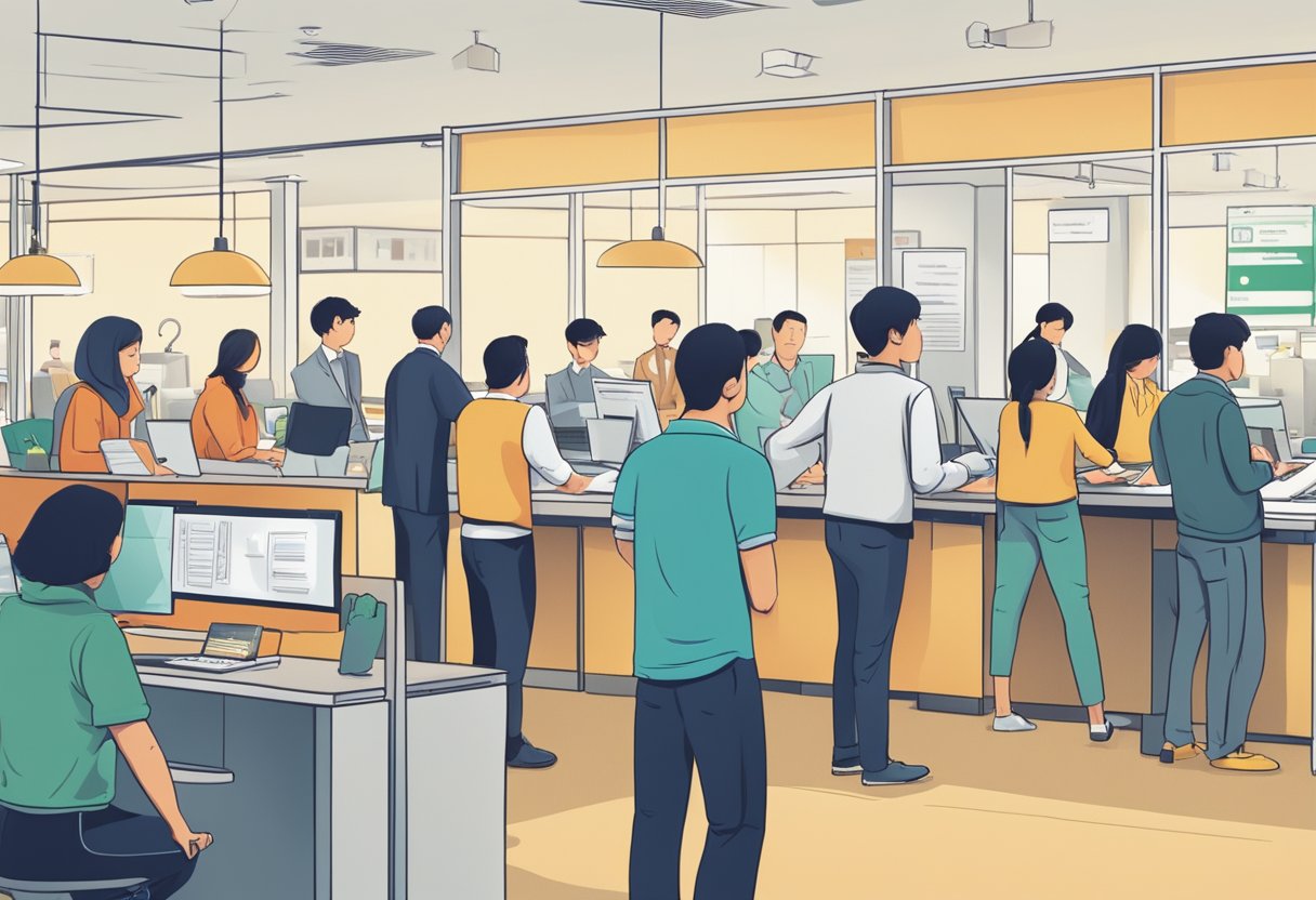 A busy office with people queuing at a counter, signs with "Frequently Asked Questions" and "HDB Money Lenders" displayed prominently