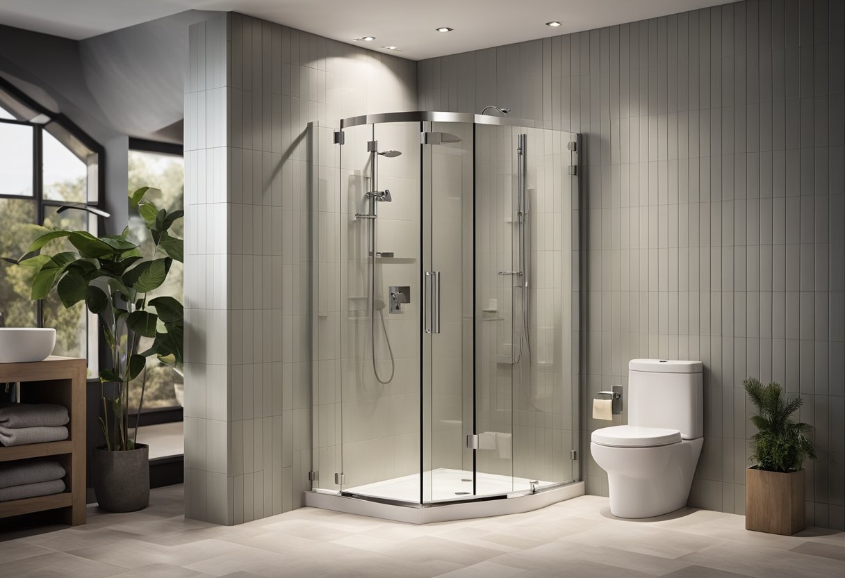 A corner shower with glass doors and sleek fixtures fits snugly in a small bathroom, creating a luxurious and space-saving solution