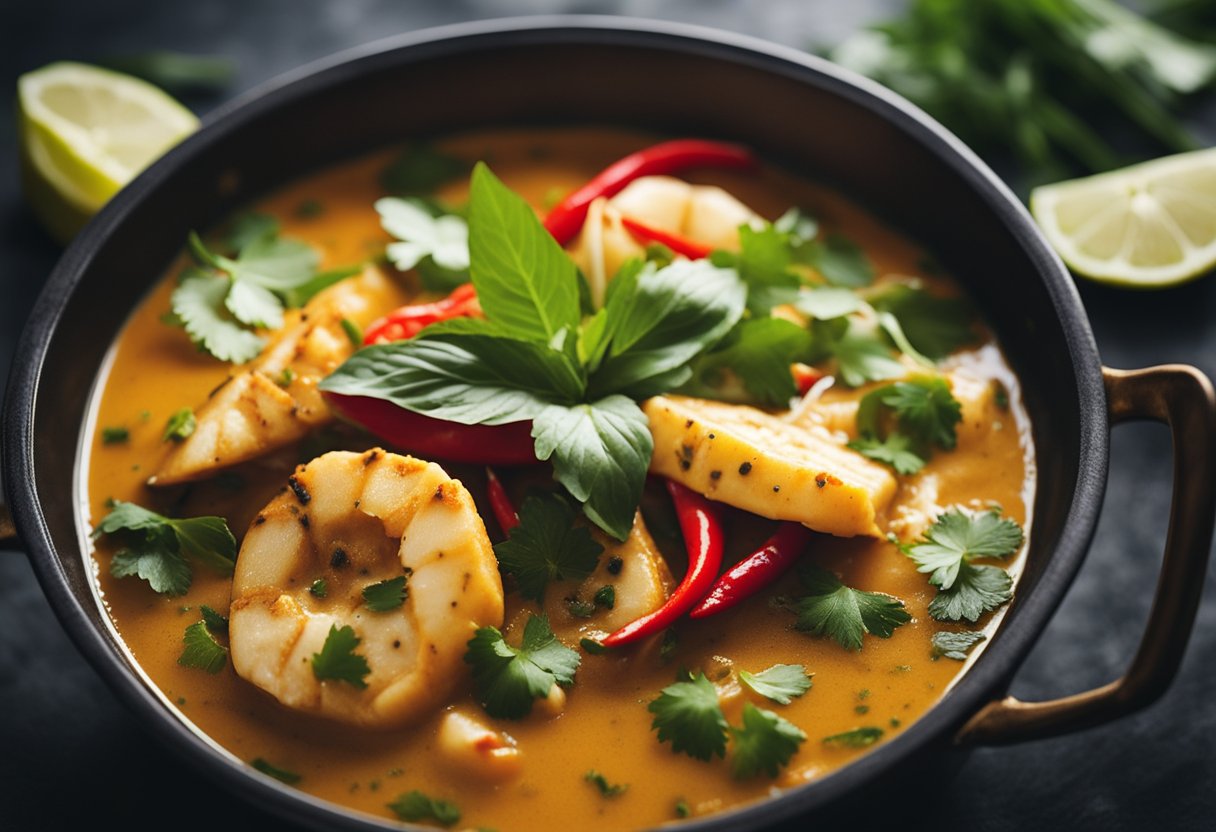 A steaming pot of Thai fish curry simmering with coconut milk, lemongrass, and vibrant red chili peppers. Aromatic herbs and spices fill the air