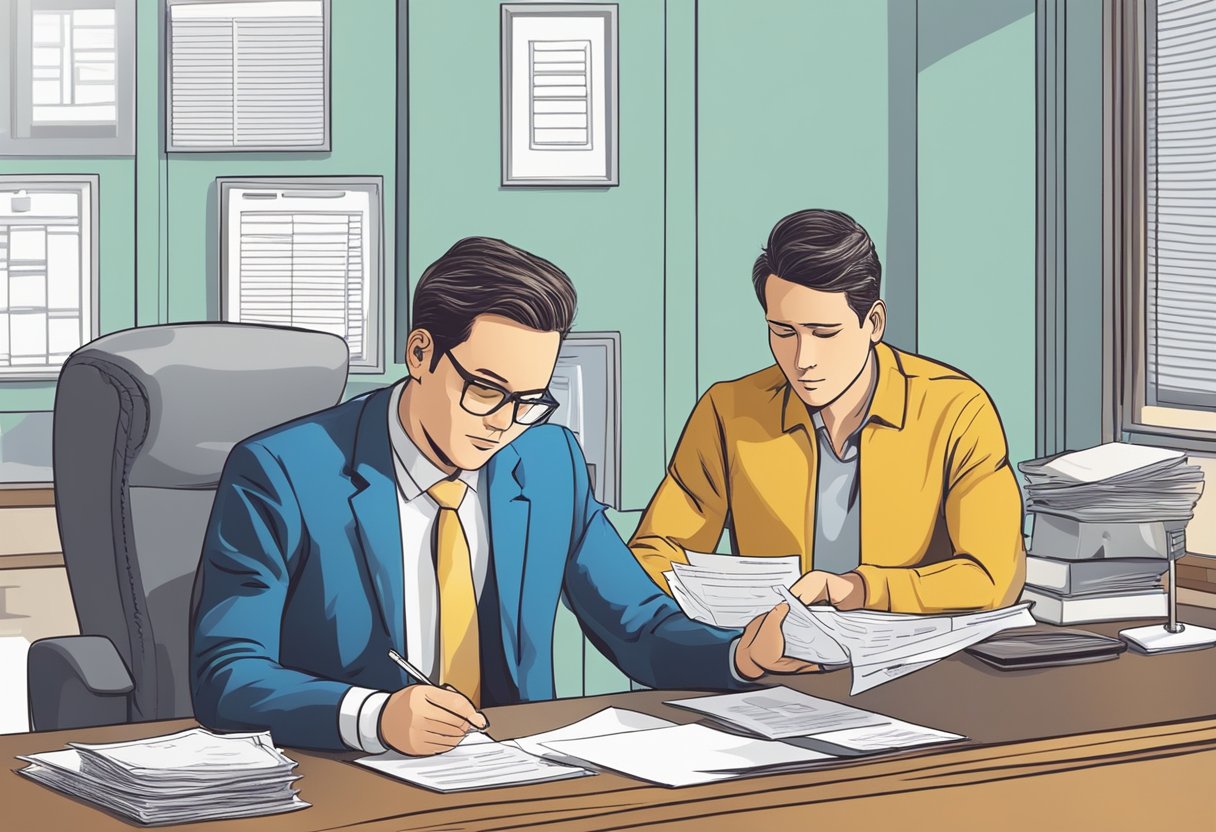 A person fills out a complaint form against moneylenders at a government office