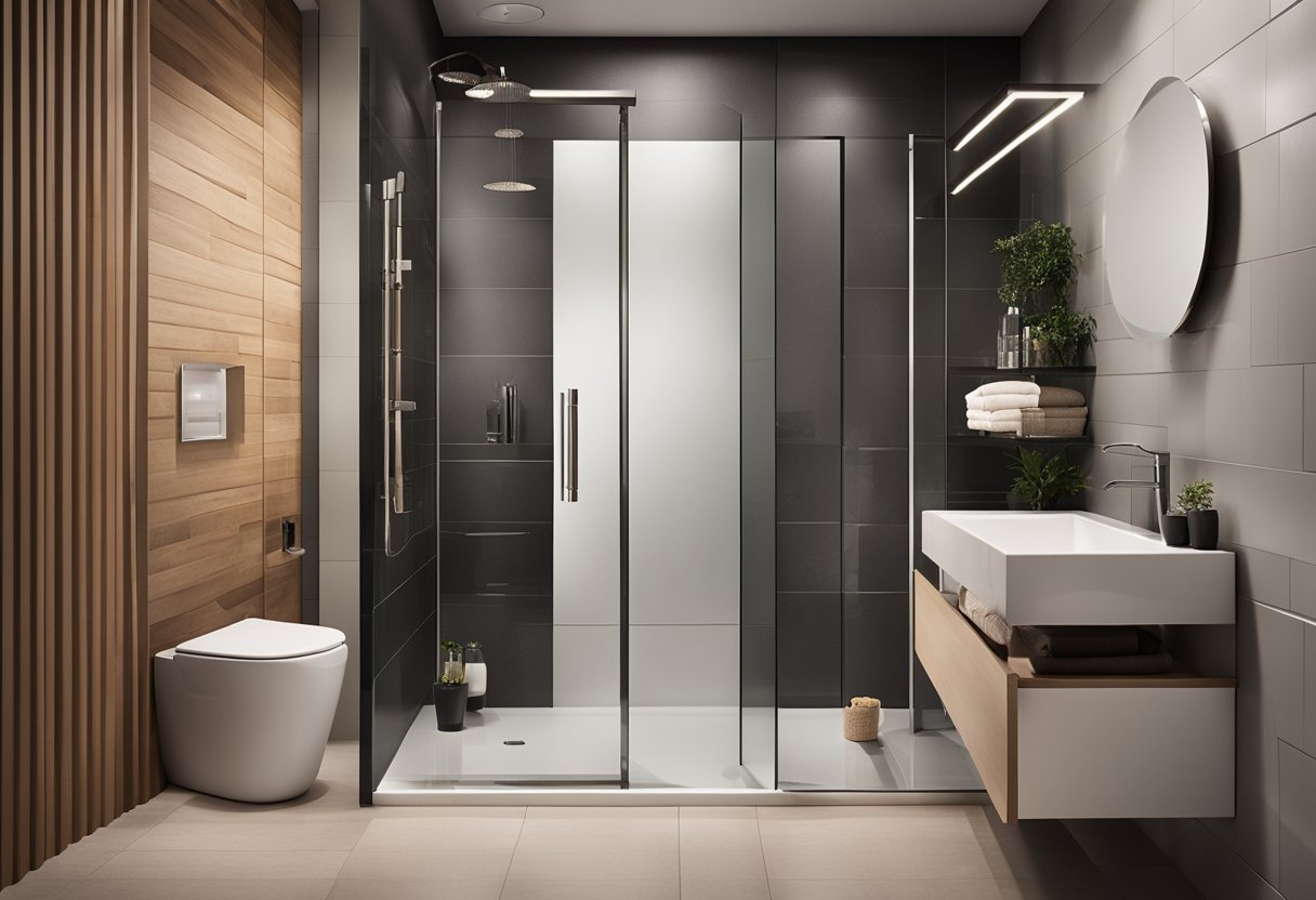 A small bathroom with a sleek, modern shower stall featuring innovative storage solutions. The space is luxurious yet efficient, maximizing storage in limited space