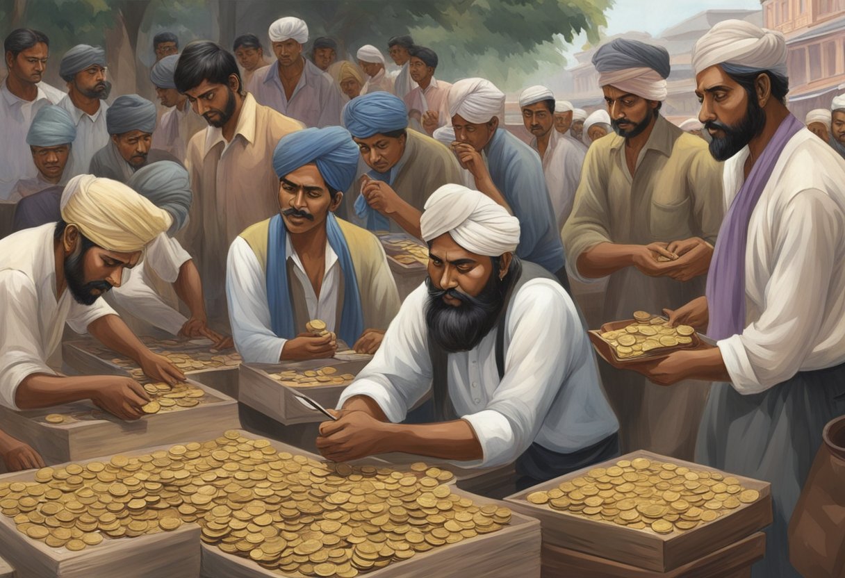 Indian money lenders in early Singapore counting coins and writing ledgers in a bustling market square