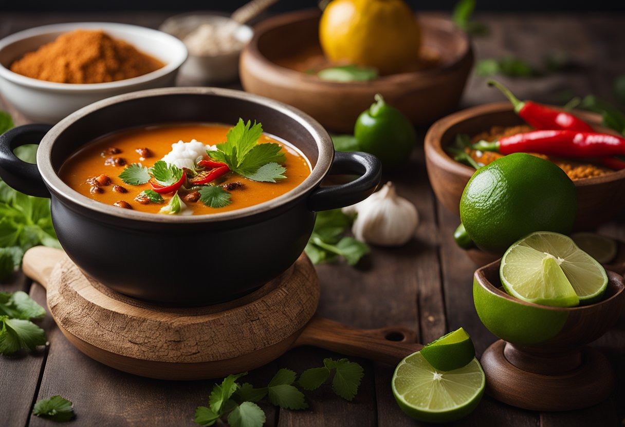 A pot simmering with coconut milk, red curry paste, fish, and Thai spices. Bowls of lime wedges, cilantro, and chili peppers nearby for garnish