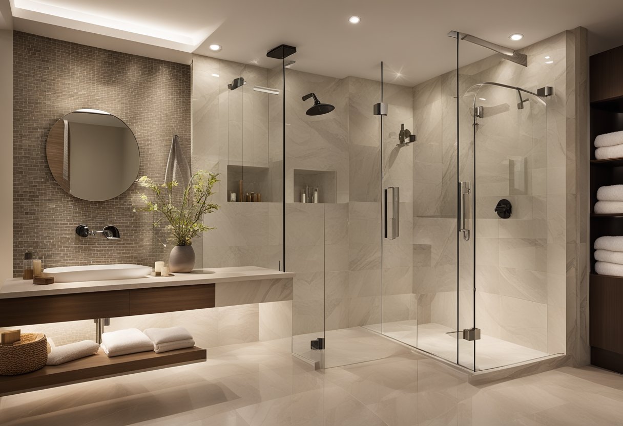 A sleek, modern shower with glass doors and chrome fixtures, surrounded by marble or stone tiles. A built-in niche for bath products adds convenience