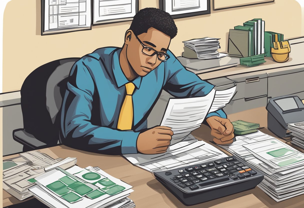 A person sits at a desk, surrounded by paperwork and calculators. On one side, a traditional bank logo is visible, while on the other, a money lender's sign stands out. The person appears to be comparing the different loan options available in