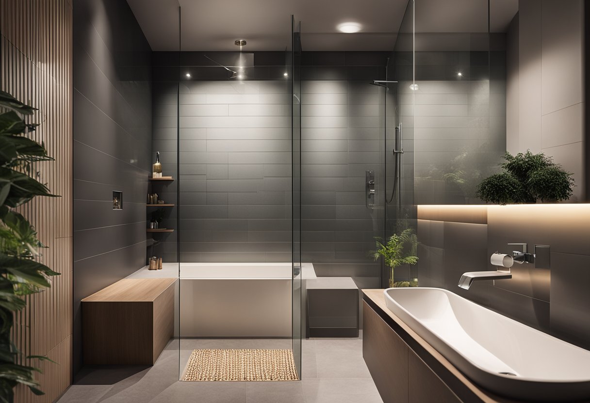 A small bathroom with a spacious shower, illuminated with soft, indirect lighting to create a luxurious and open feel. Glass and reflective surfaces add to the sense of space