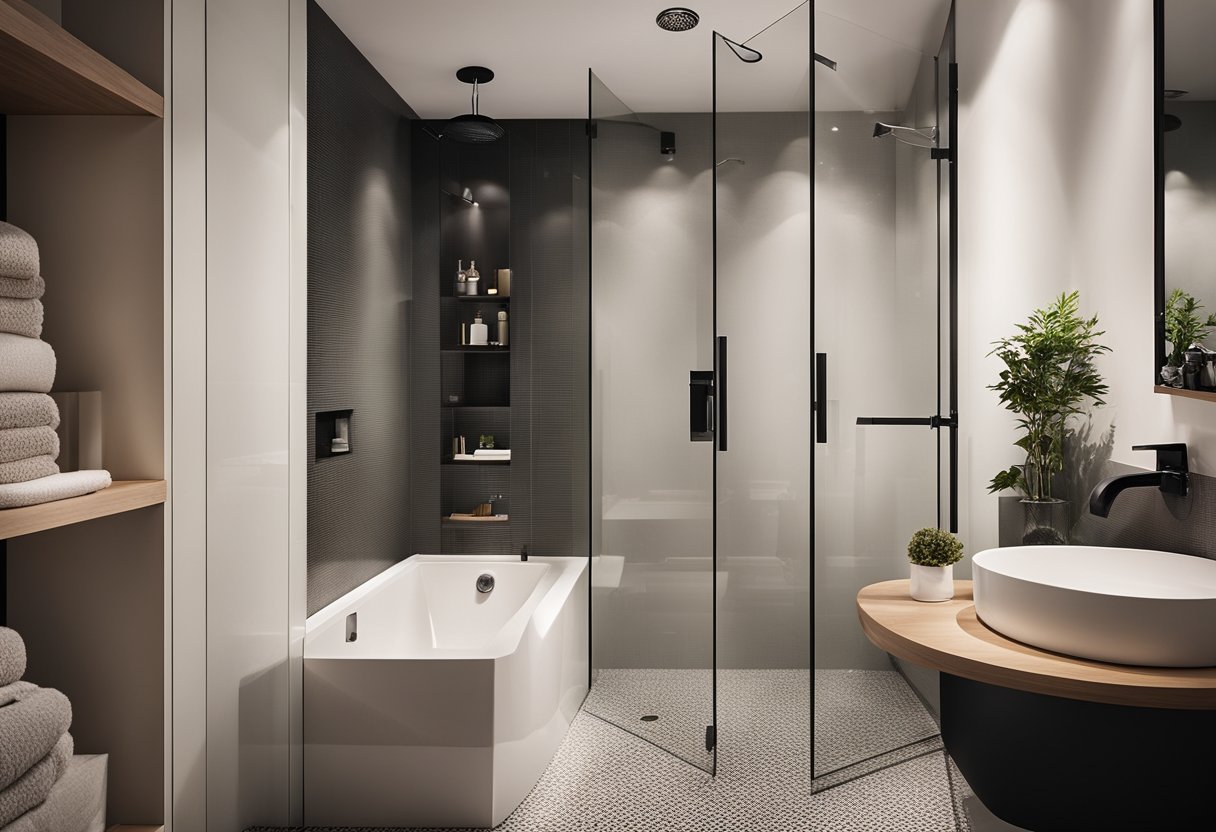 A small bathroom with a glass-enclosed shower, creating a spacious and luxurious feel. Minimalist fixtures and sleek design maximize the limited space