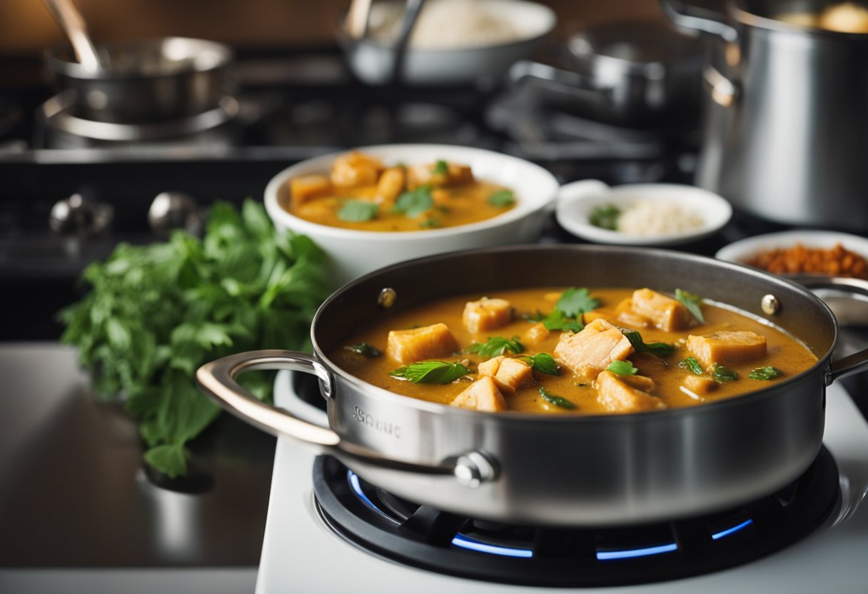 A pot simmers on a stove with aromatic spices and chunks of fish. A spoon stirs the rich, coconut milk-based curry. Vegetables and herbs wait nearby