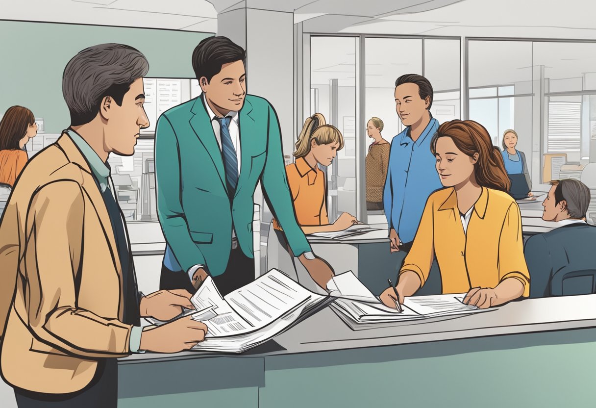 Customers line up at a complaint desk, holding documents and speaking to a staff member. Signs display "Frequently Asked Questions" and "How to Complain Against Money Lenders."