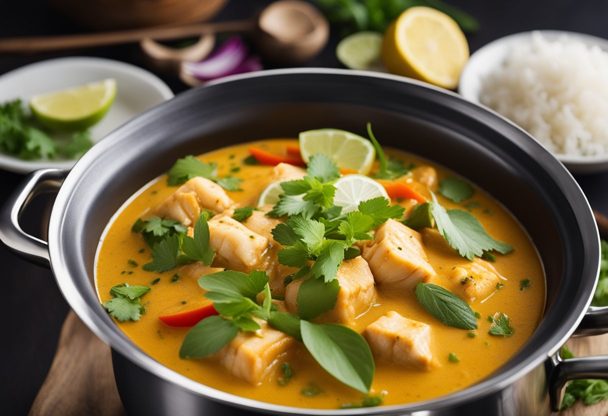 A steaming pot of fragrant Thai fish curry simmers on a stove, surrounded by vibrant ingredients like lemongrass, coconut milk, and fresh herbs