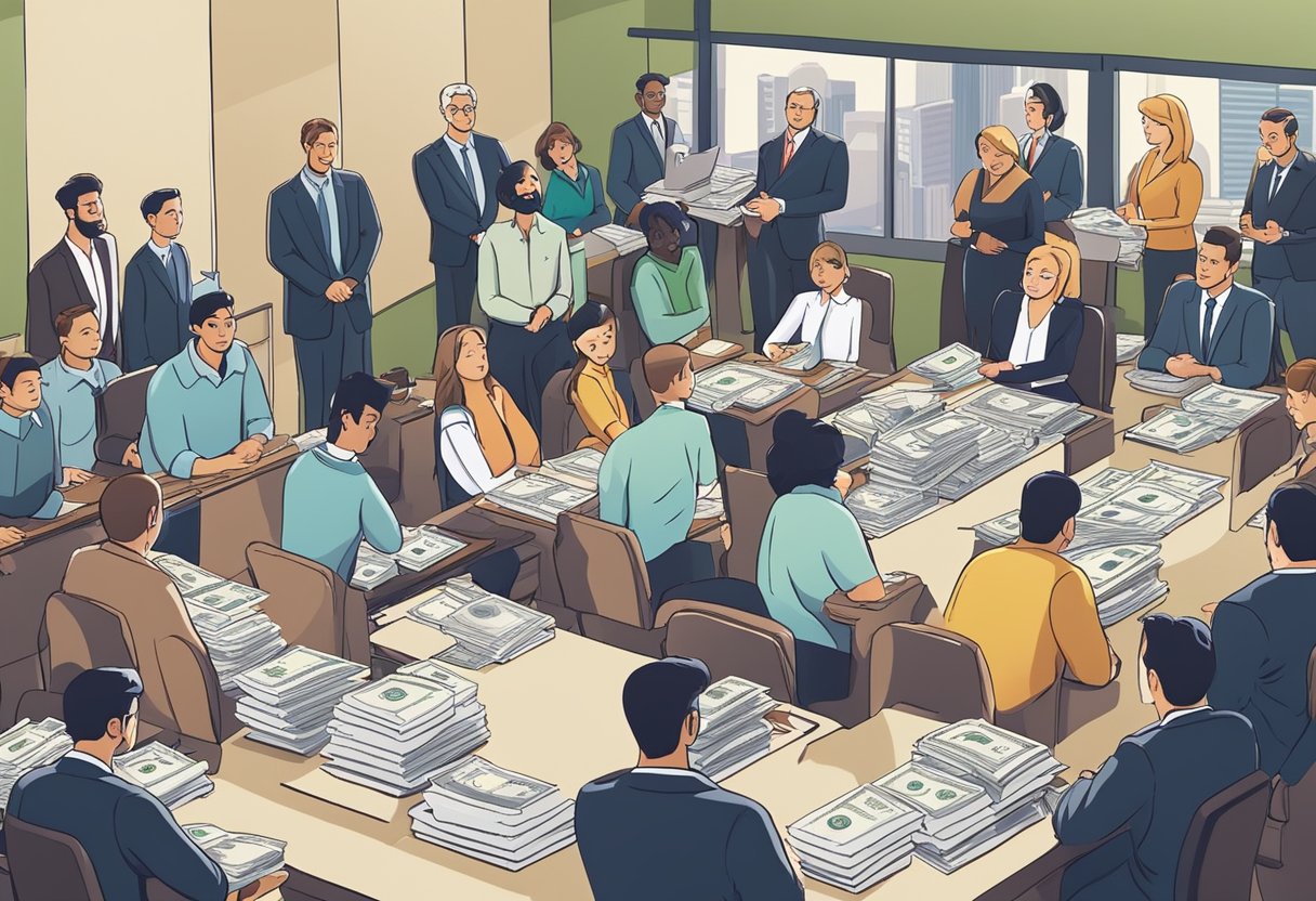 Money lenders surrounded by clients, answering questions. Papers and calculators on desks, with a line of people waiting
