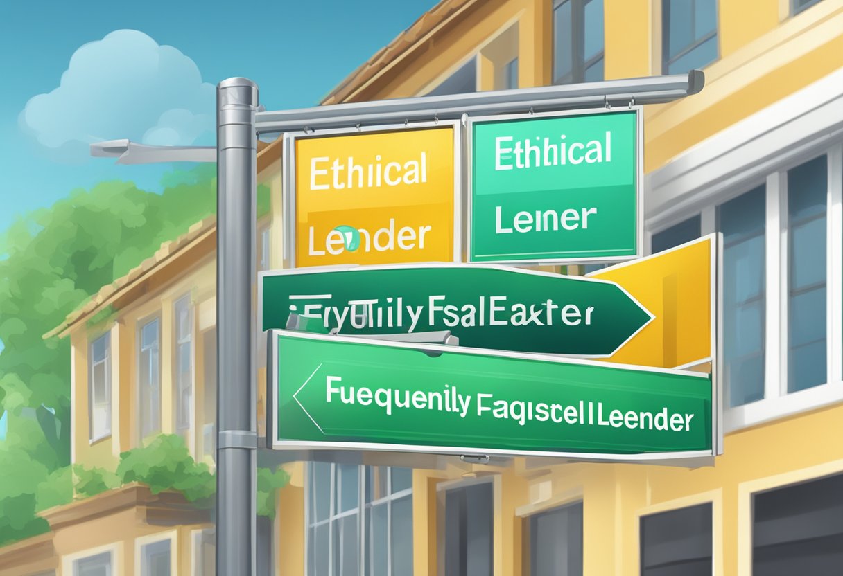 A signboard with "Frequently Asked Questions" and "Ethical Money Lender" displayed prominently