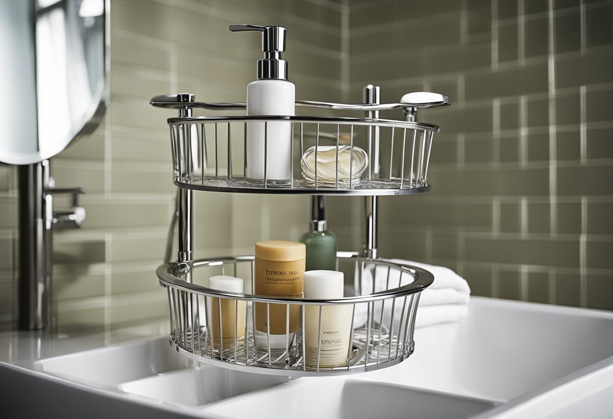 A sleek shower caddy holds neatly organized toiletries. A modern showerhead with adjustable settings adds a touch of luxury to the compact bathroom