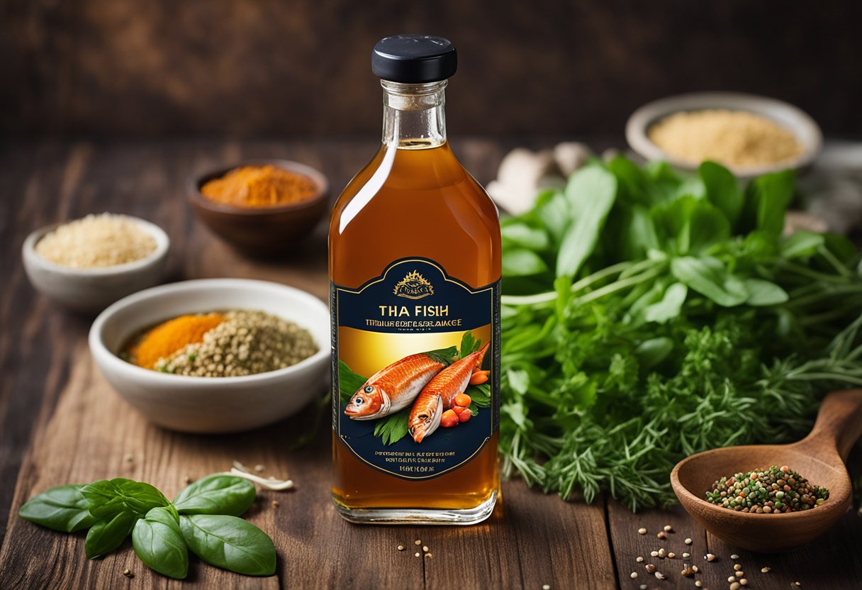 A bottle of Thai fish sauce sits on a wooden table surrounded by fresh herbs and spices. The label is colorful and eye-catching, with the rich amber liquid visible through the glass