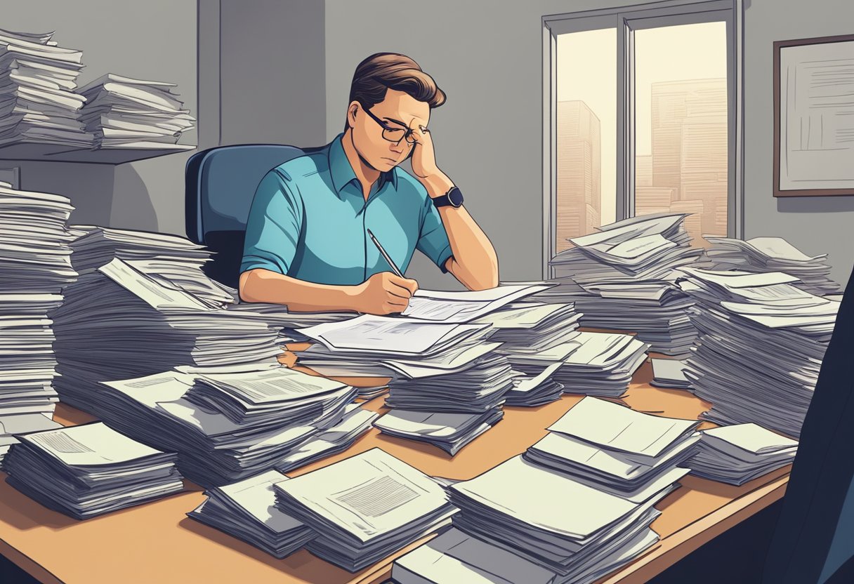 A person sitting at a desk surrounded by piles of paperwork, with a worried expression while looking at loan documents and financial statements