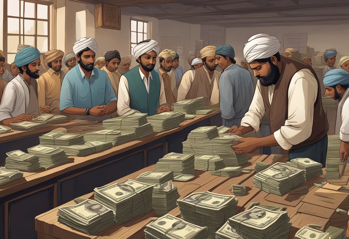 Indian money lenders sit behind wooden desks, surrounded by stacks of coins and scrolls of paper. Customers line up, holding documents and counting their money. The room is filled with the sound of haggling and transactions