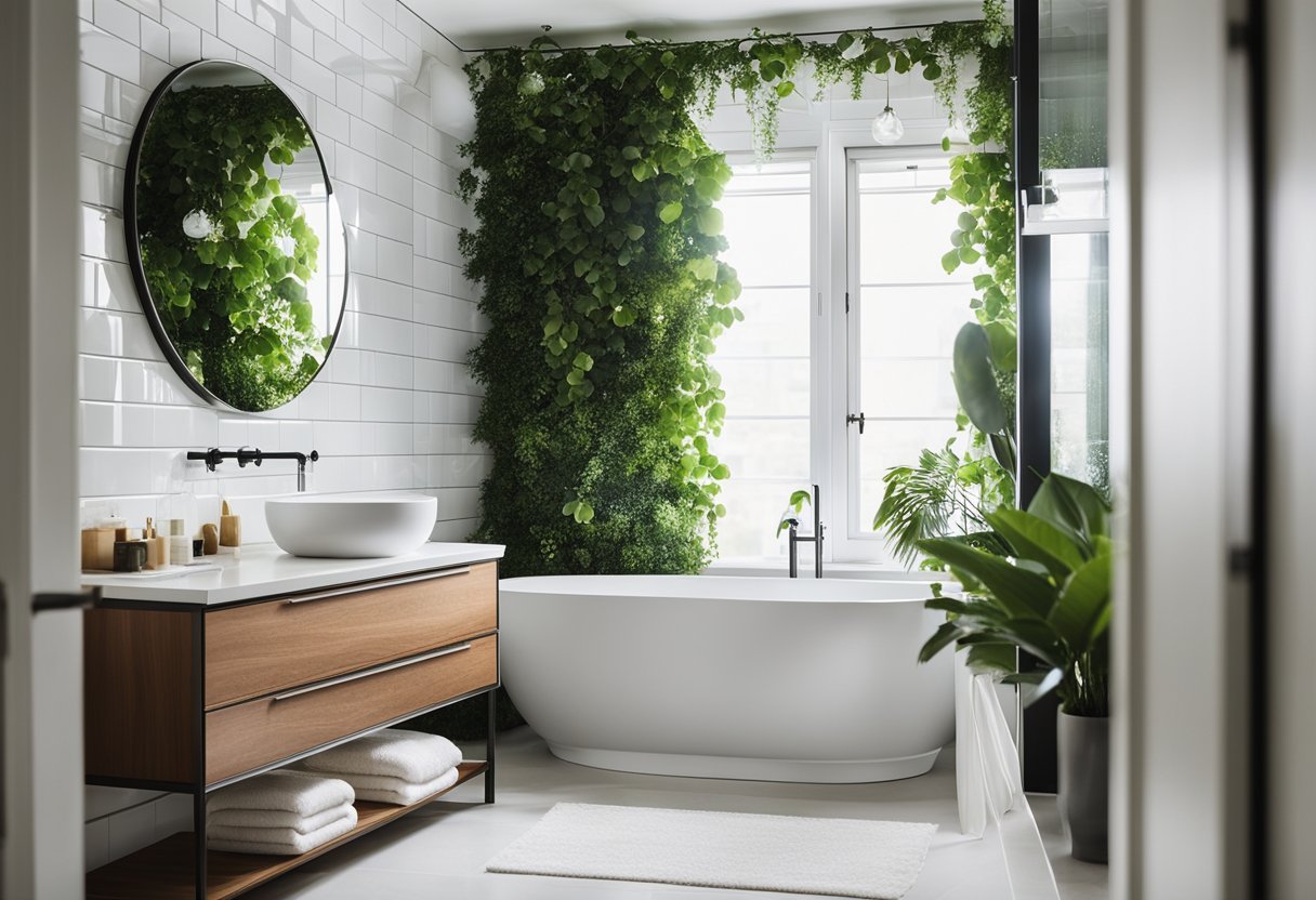 A pristine white bathroom with gleaming fixtures and tiles, accented with fresh green plants and soft, fluffy towels