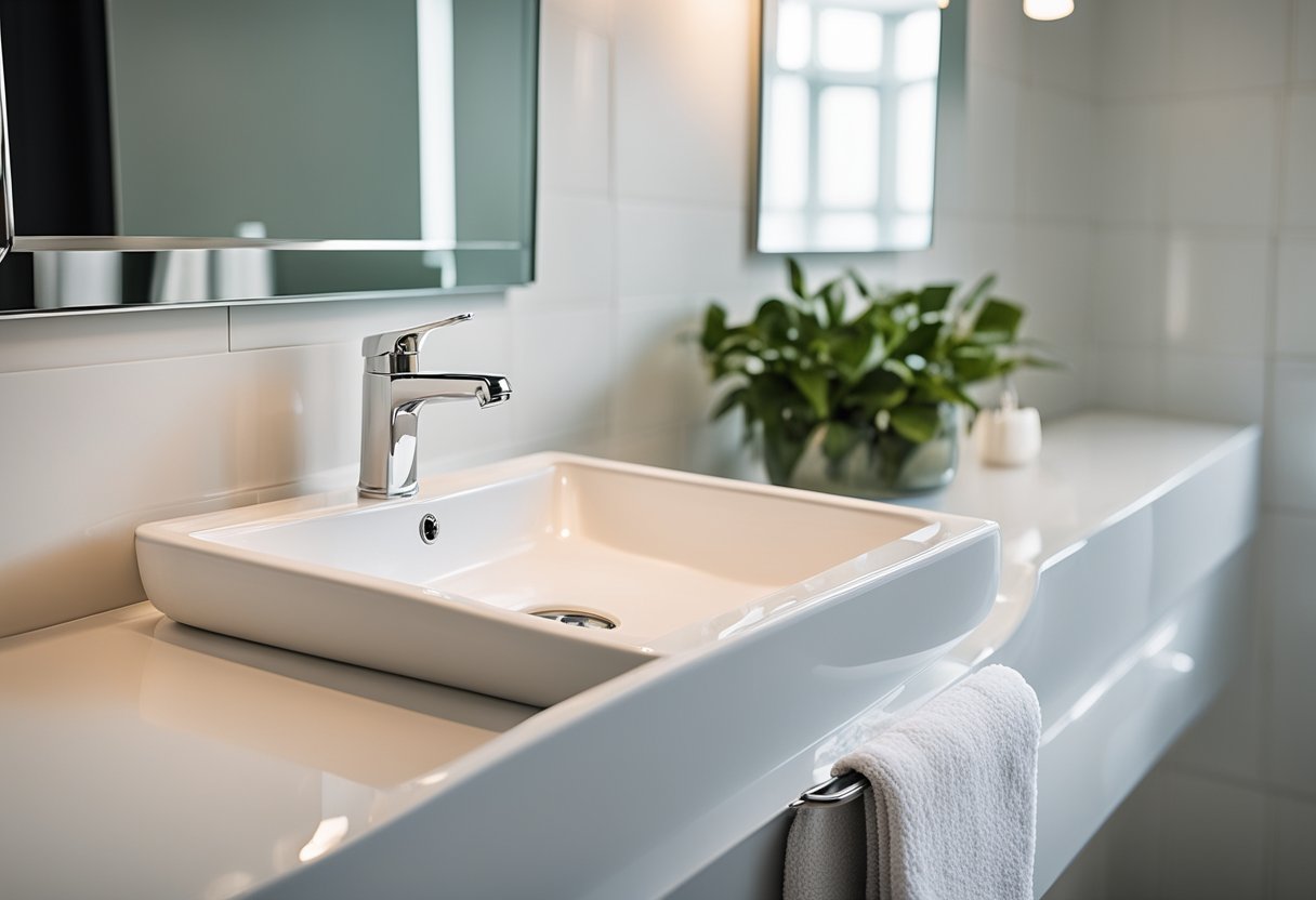 A pristine white bathroom with gleaming fixtures, a sparkling mirror, and fresh white towels neatly folded on a sleek countertop