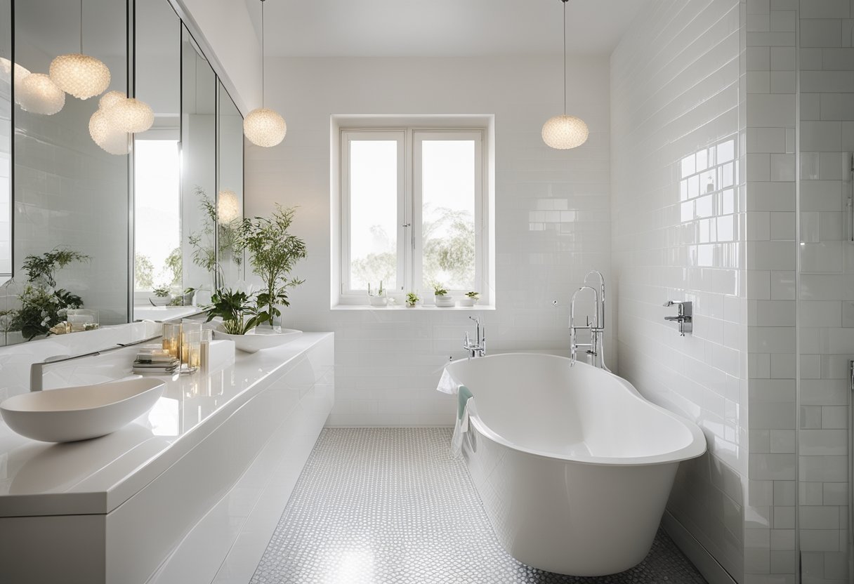 A pristine white bathroom with gleaming fixtures and sparkling tiles, bathed in natural light from a large window, creating a fresh and airy atmosphere