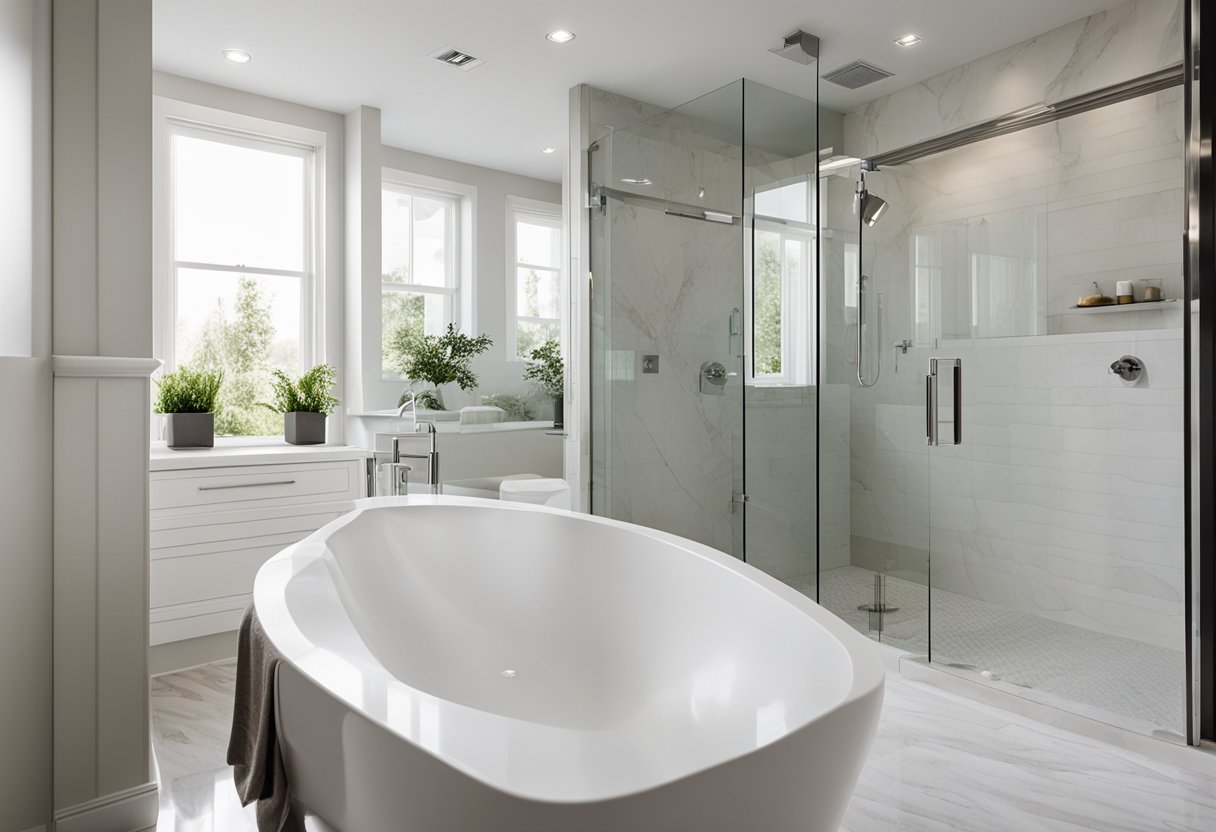 A white bathroom with marble countertops, glass shower doors, and chrome fixtures. The space is clean, modern, and filled with natural light