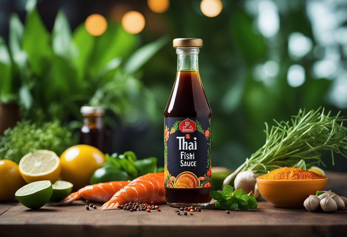 A bottle of Thai fish sauce sits on a wooden table, surrounded by fresh herbs and spices. The label is colorful and vibrant, depicting traditional Thai imagery