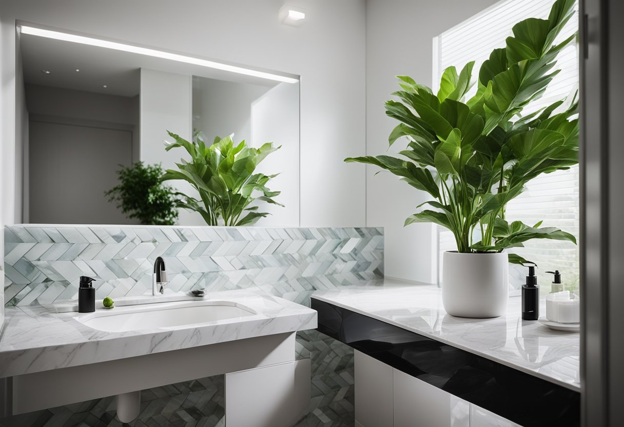 A white bathroom with glossy tiles, a fluffy white rug, and a sleek marble countertop with a pop of color from a vibrant green plant