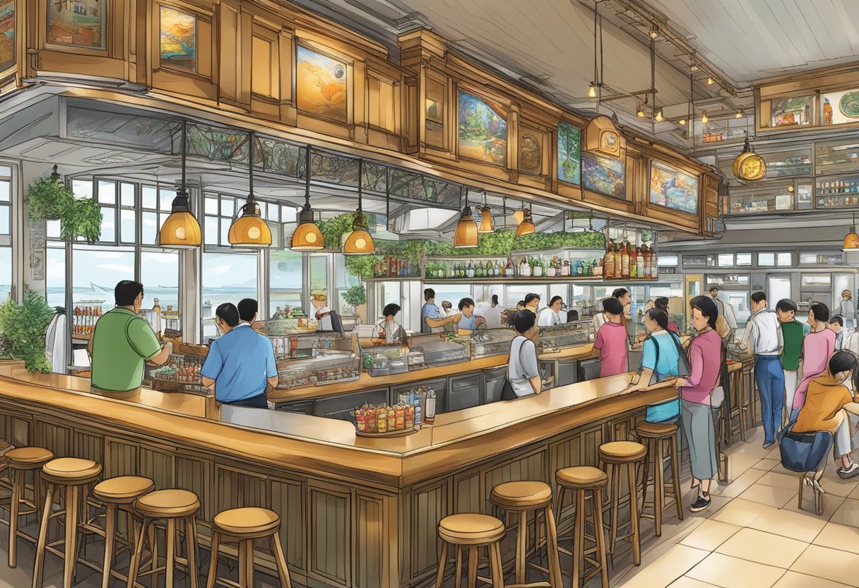 The bustling seafood bar and beer esplanade in Singapore's Visitor Information area