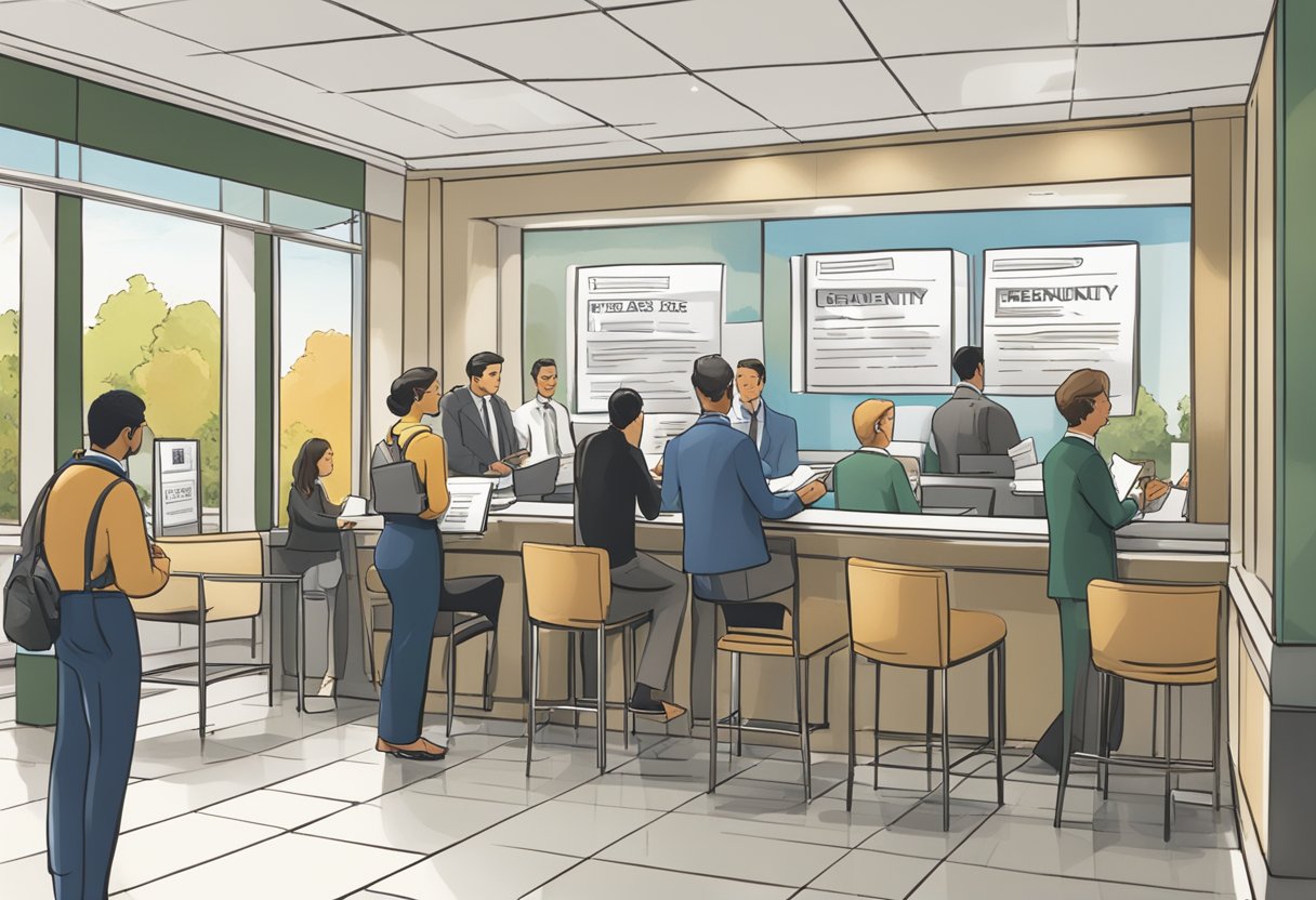 A crowded bank lobby with people lined up at teller windows, while others sit in chairs reading loan documents. Signs with "Frequently Asked Questions" and "Loan Terms" are prominently displayed