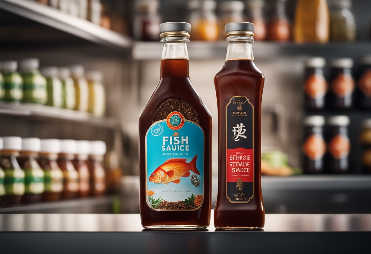 A bottle of fish sauce sits on a kitchen shelf with various spices and condiments, organized in a neat and practical manner