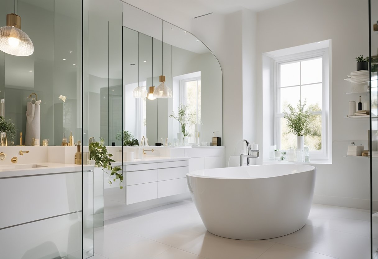 A bright, natural light floods the white bathroom, reflecting off the pristine surfaces and creating a sparkling, airy space