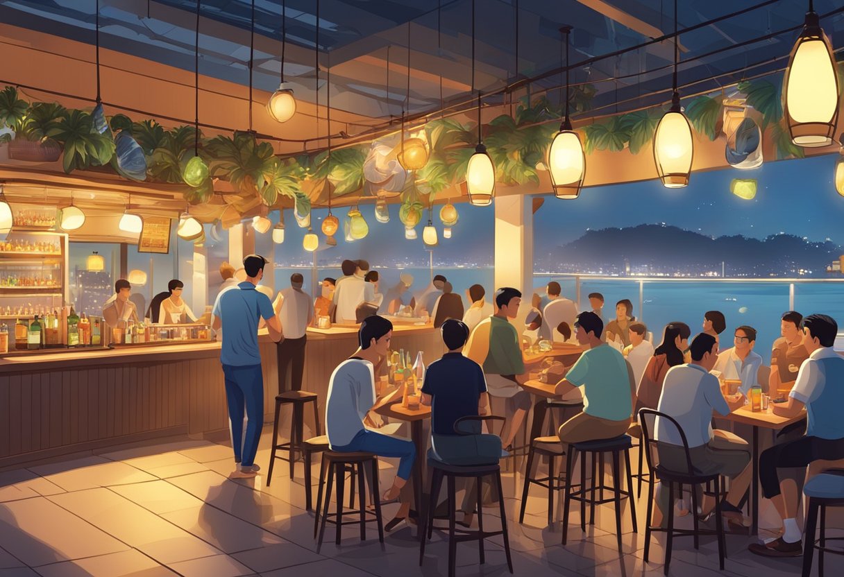 A bustling seafood bar & beer esplanade in Singapore, with customers enjoying fresh seafood and drinks under the warm glow of hanging lights