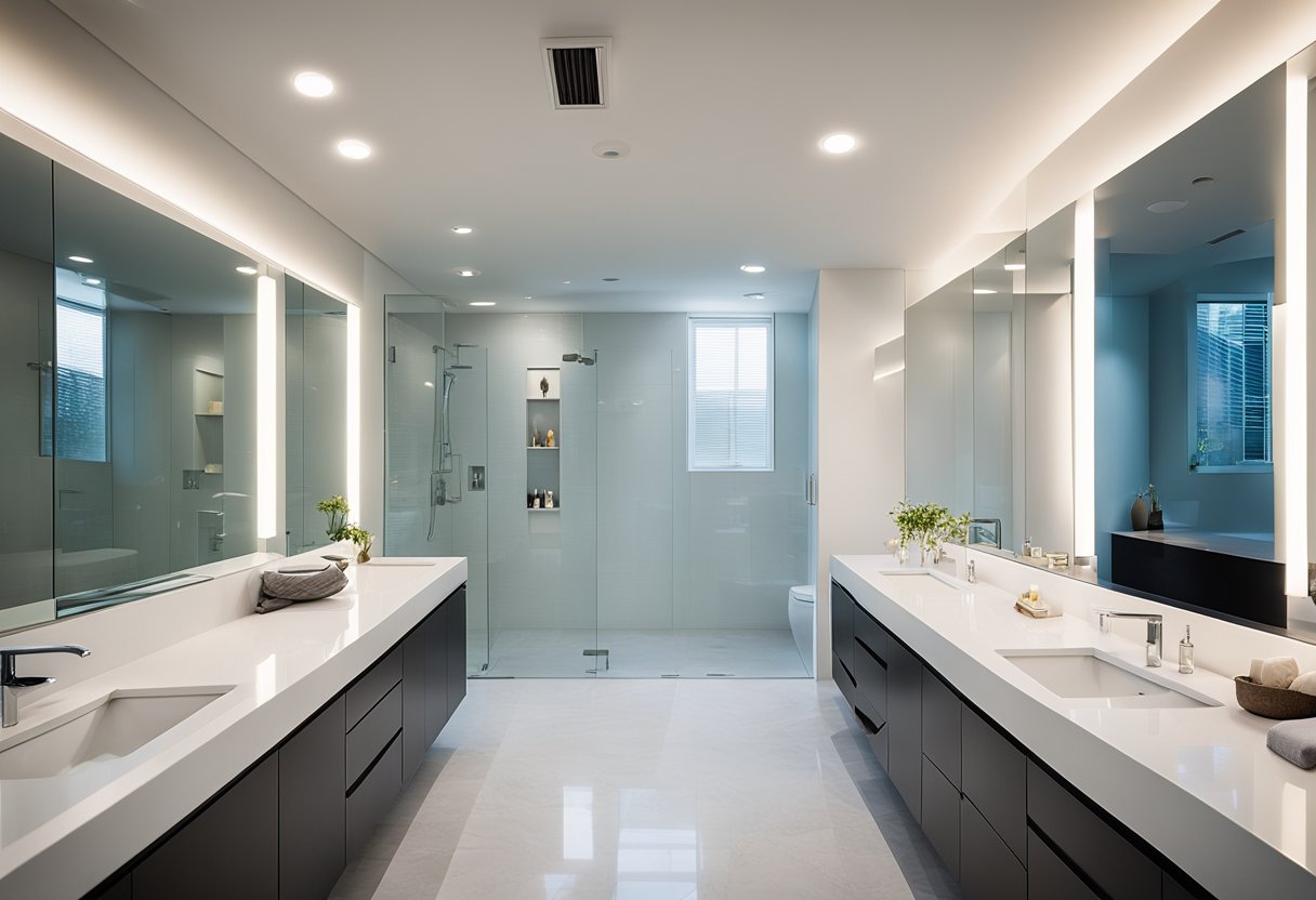 A sleek white bathroom with modern fixtures, a sparkling chandelier, and minimalist decor. Mirrors reflect the natural light, creating a bright and airy space