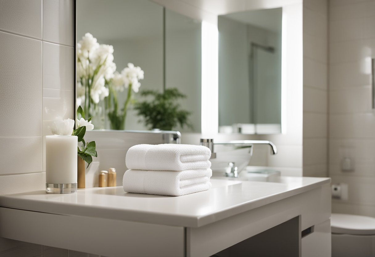 A clean, white bathroom with sparkling fixtures and pristine surfaces. A neatly folded stack of white towels sits on a shelf, while a gleaming mirror reflects the bright, airy space