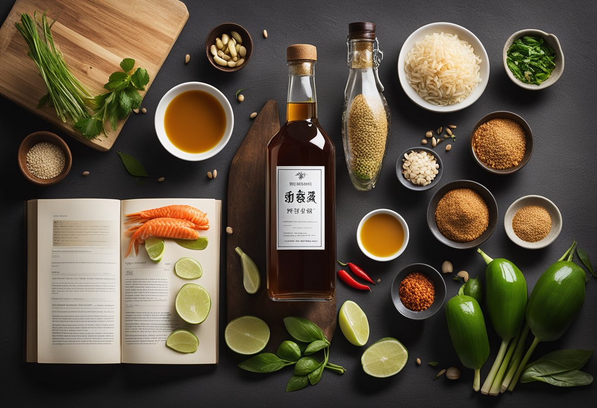 A bottle of Thai fish sauce surrounded by various ingredients and a stack of recipe books