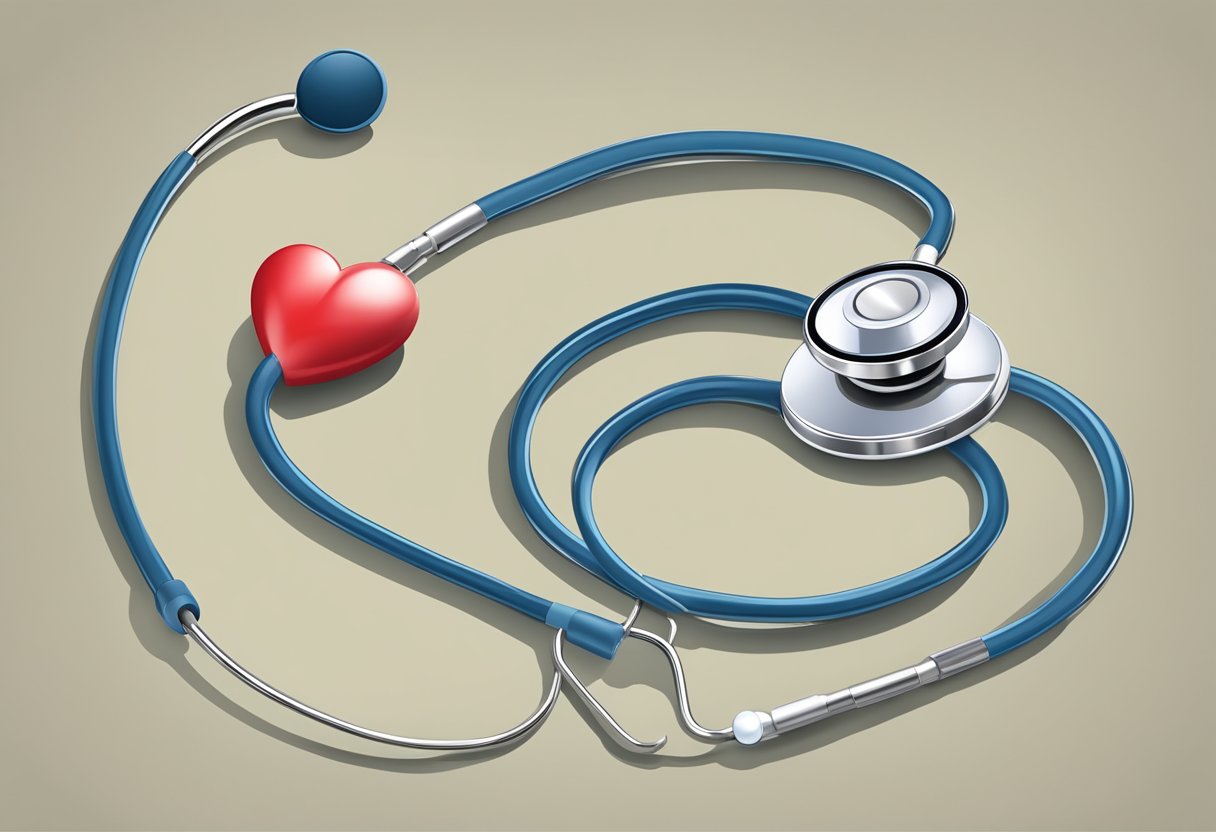 A stethoscope placed on an earlobe, with a heart shape symbolizing heart disease