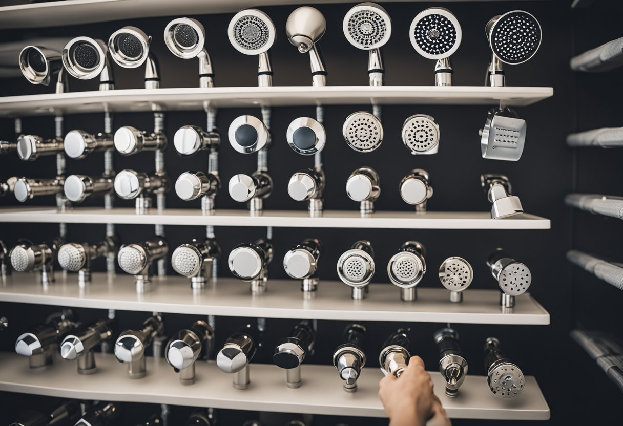 A variety of showerheads displayed on shelves, with labels indicating different types. A hand reaching for one, surrounded by various bathroom fixtures