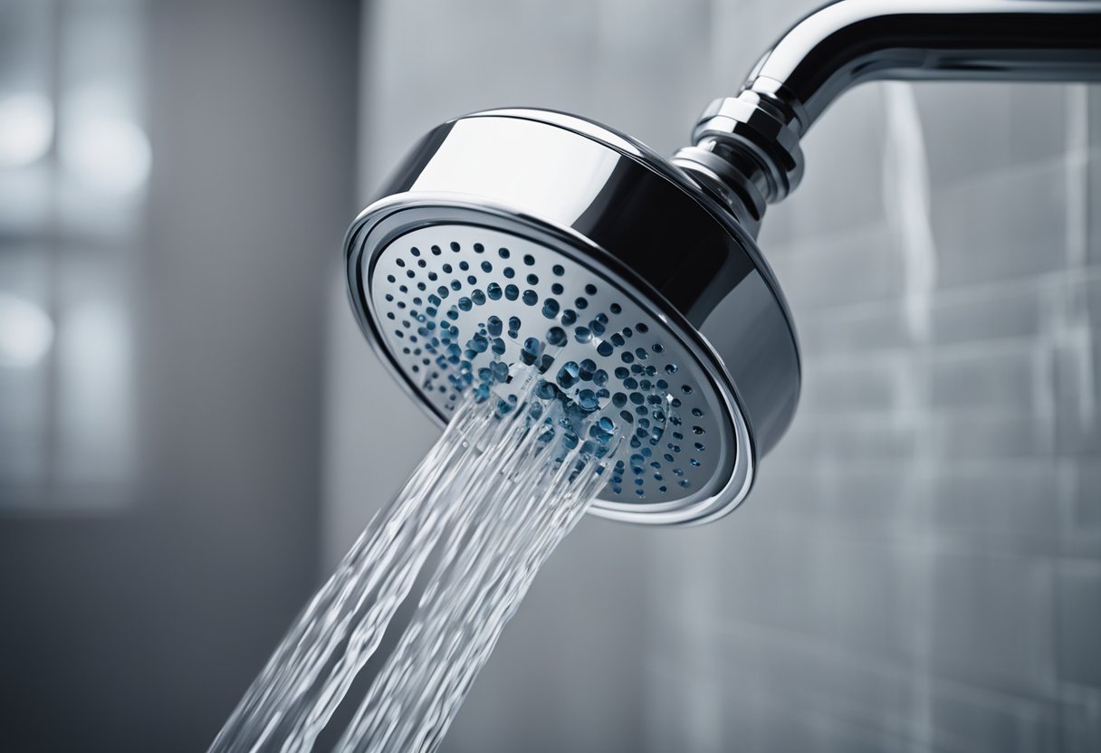 A showerhead attached to a pipe with water flowing out at different pressures, measuring devices nearby