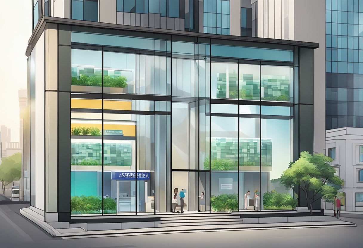 A licensed money lender's office in Marsiling, with a glass facade and a sign displaying their services