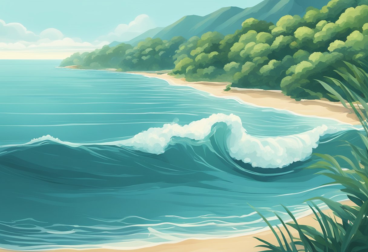 A calm ocean with gentle waves, surrounded by lush greenery and a clear blue sky, symbolizing healthy heart rate variability