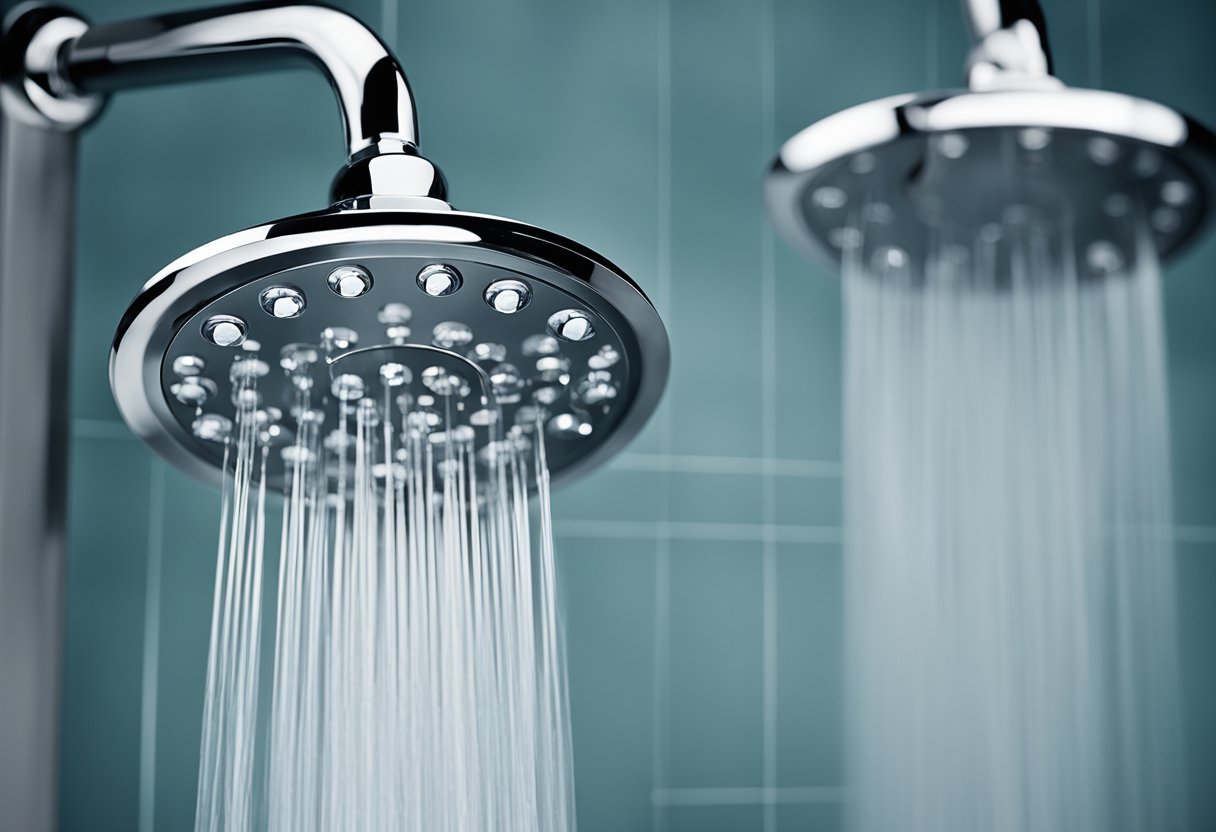 A variety of showerheads, including rainfall, handheld, and massaging options, are displayed against a backdrop of sleek, modern bathroom fixtures. The focus is on durability and material quality