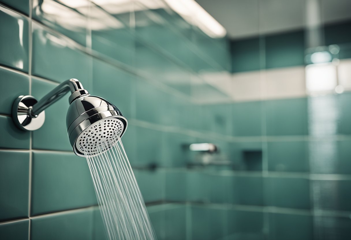 A modern bathroom with a sleek, chrome showerhead mounted on a tiled wall. The water cascades from the showerhead in a gentle, even flow, creating a relaxing and luxurious atmosphere