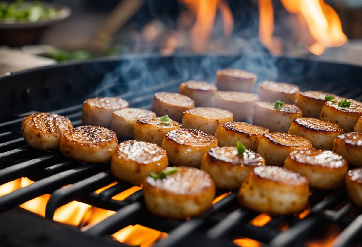 A sizzling Thai fish sausage on a hot grill, emitting a savory aroma with a golden brown color and slight charring