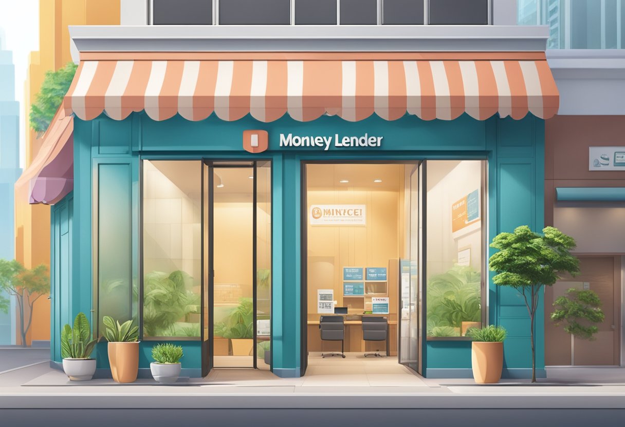 A licensed money lender's storefront in Marsiling, with clear signage and a professional-looking office interior