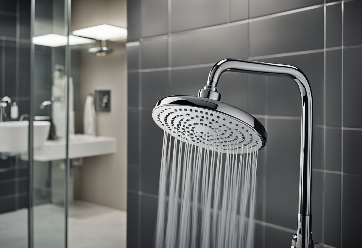 A variety of showerheads are displayed in a bathroom setting, showcasing different sizes, styles, and features. The showerheads are mounted on different types of shower fixtures to demonstrate compatibility with various bathroom setups