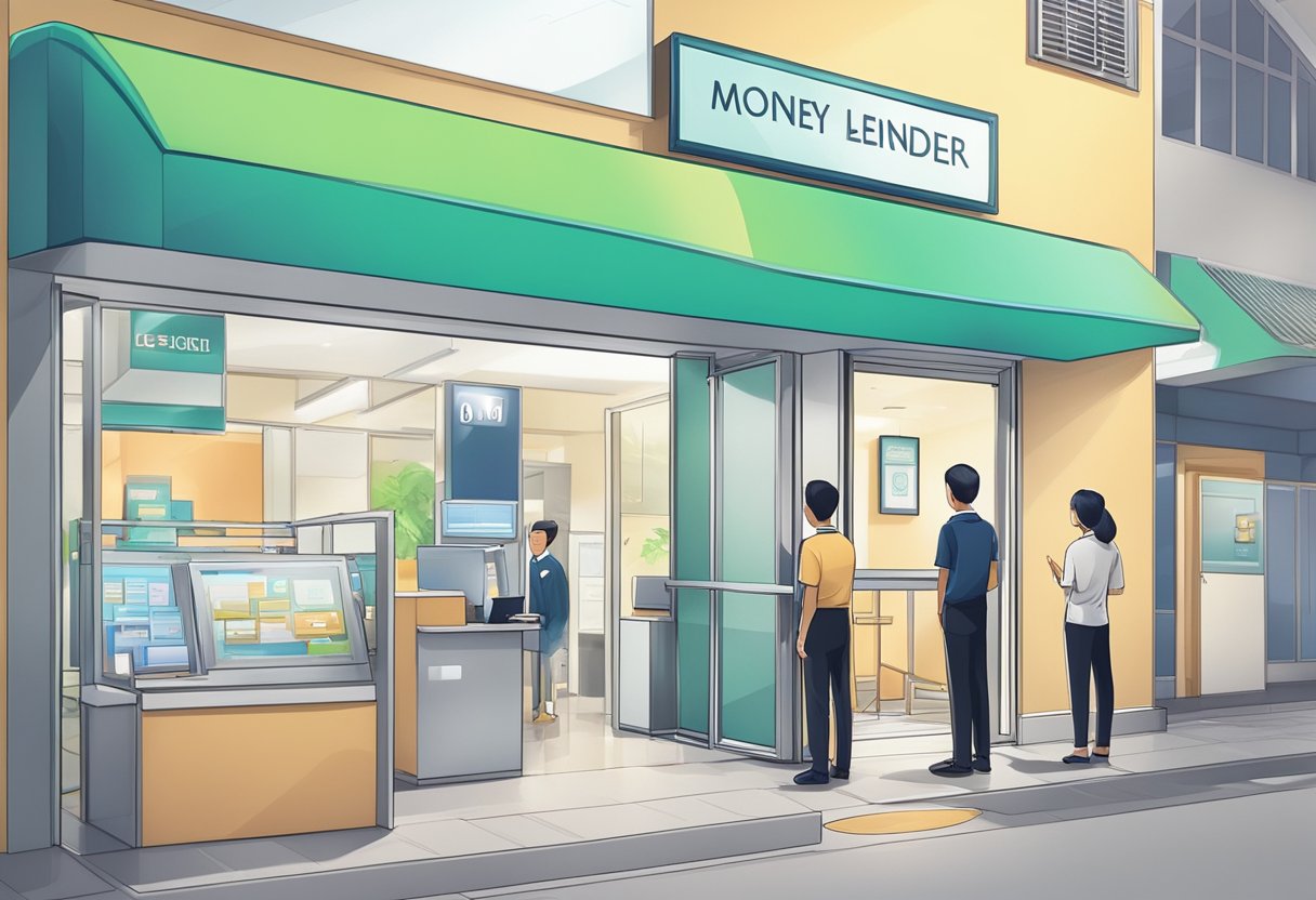 A licensed money lender office in Sengkang, with a bright sign, security camera, and a queue of customers