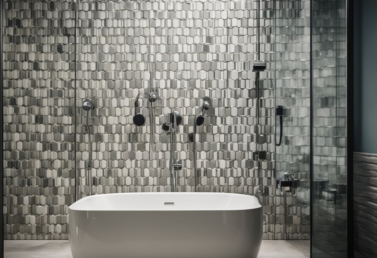 A bathroom with a variety of showerheads on display, including different sizes, styles, and water-saving options. The room is well-lit with natural light and features a modern, clean design