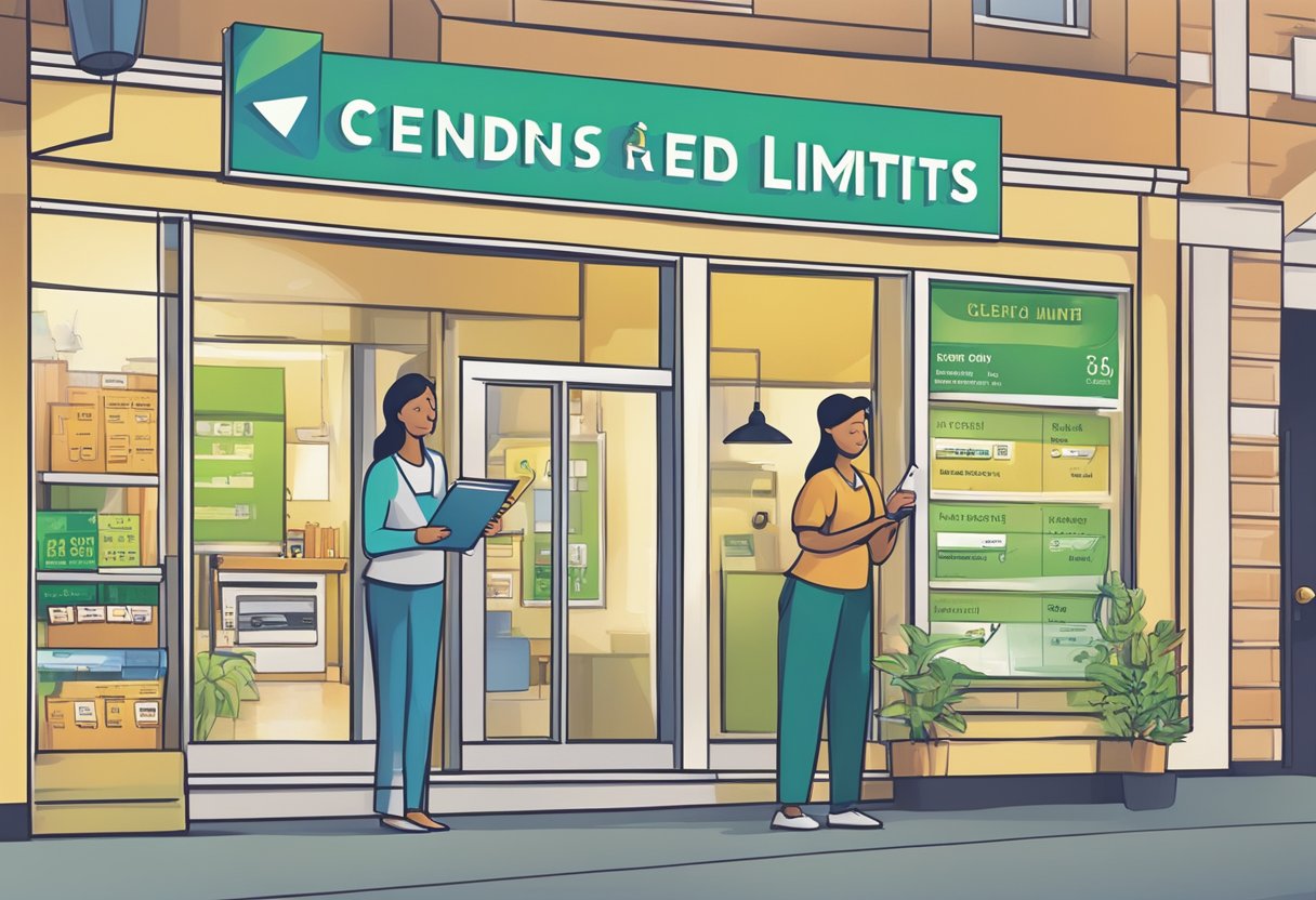 A licensed money lender's sign displays credit limits, with a customer being informed by a staff member